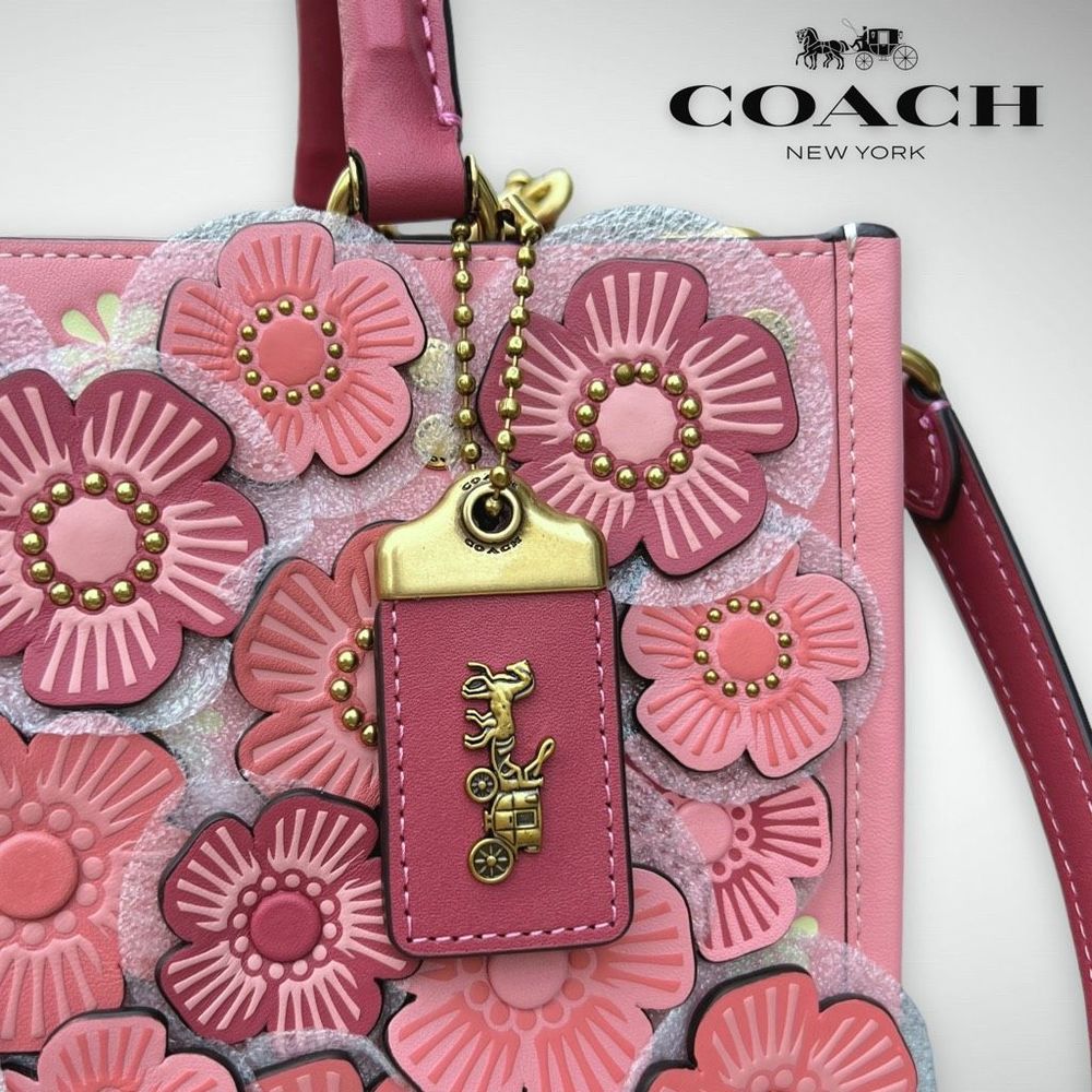 AUTHENTICATED NWT Coach Rogue 25 Colorblock w/ Tea Rose & Coach Tea Rose Studs - Picture 9 of 17